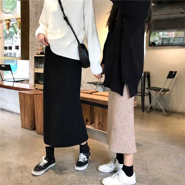 

winter skirts women warm new 2019 long retro chic bust skirt of tall waist thickening split knitting spring and autumn korean, Black