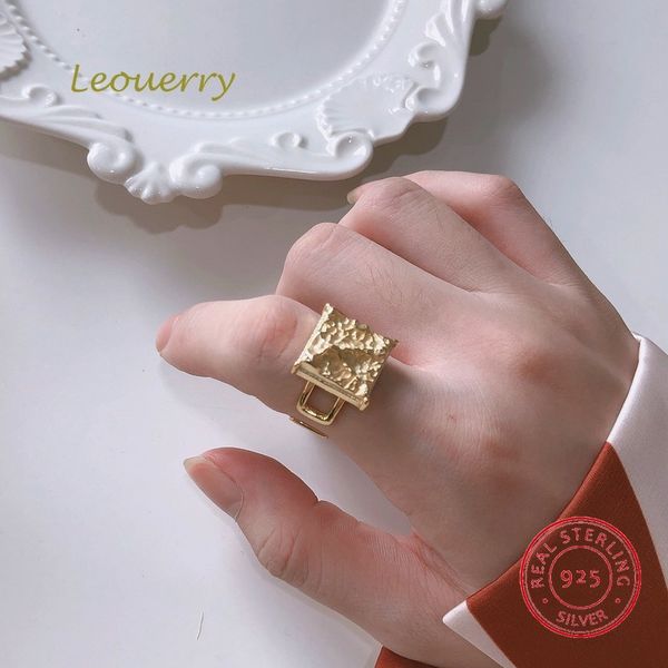 

leouerry real 925 sterling silver square ring minimalist irregular party opening rings for women fine silver 925 jewelry gifts, Golden;silver