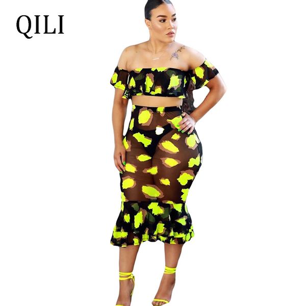 

qili женщины two piece set mesh платье sexy see through off плечо оборки с коротким рукавом платье партии клуб платье женской, Black;pink