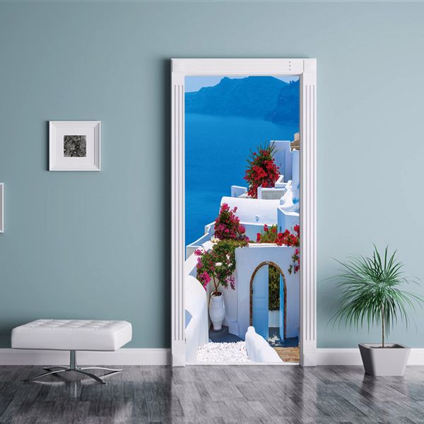 Greece Blue White 3d Creative Scene View Door Stickers Diy Mural Bedroom Living Room Home Decorative Poster Pvc Sticker Cheap Wall Decals For Kids