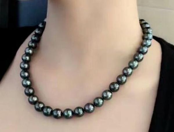 

>>>> 9-10mm natural tahitian black pearl necklace 14k, Silver
