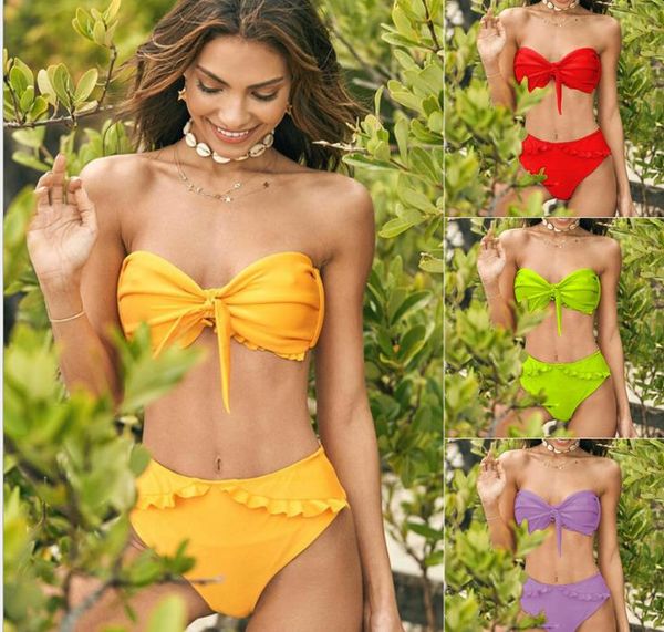 

2019 чистый бикини euramerican lotus leaf edge купальный костюм средней талии женский плавательный костюм завязанный на груди