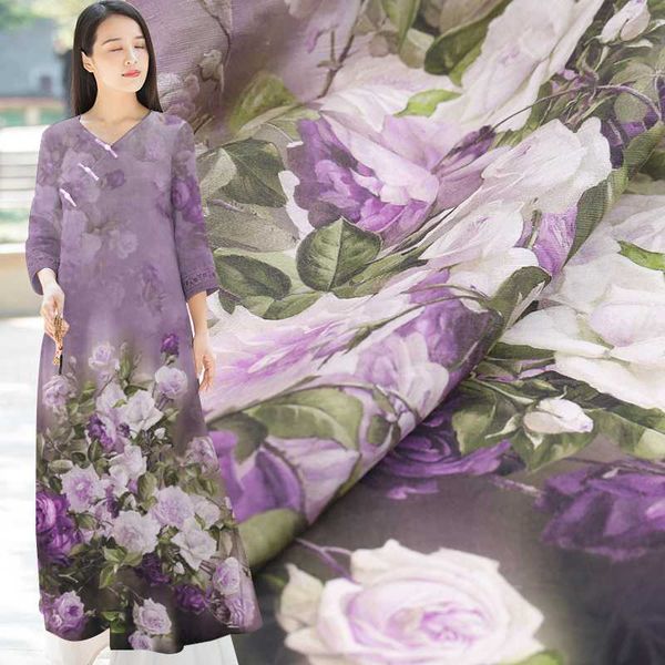 

пурпурная роза печати натуральный шелк ткань с льняной платье материал mulberry silk, Black;white