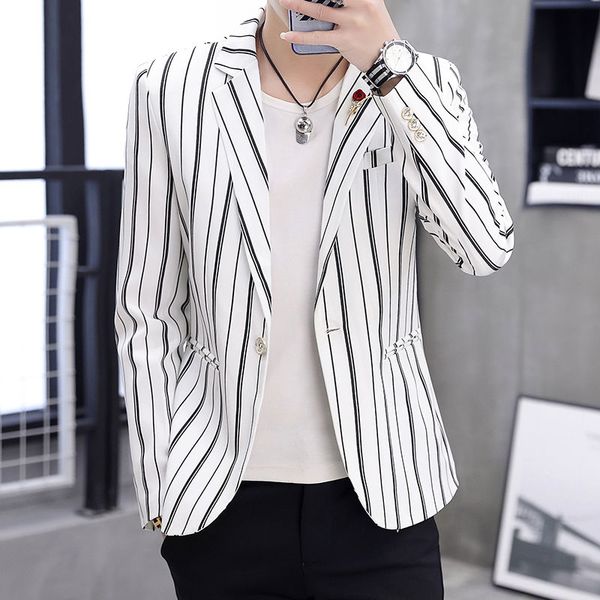

men's suits & blazers 2021 spring and autumn youth vertical stripes single-button suit fashion casual korean version of the blouse, White;black
