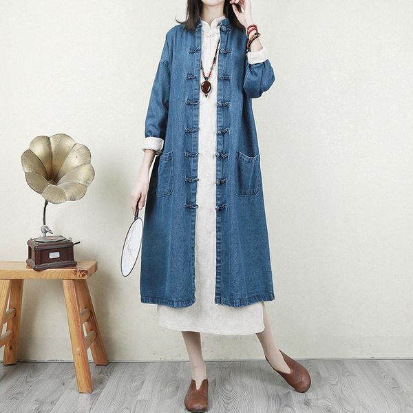 

vintage jurken retro denim trench long coat women autumn mandarin collar outerwear casual loose cardigan plus size clothes f1103, Tan;black