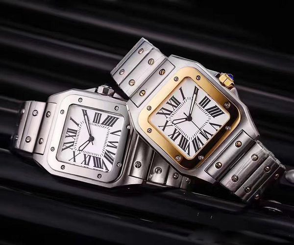 

luxury brand men square watches geneva genuine stainless steel quartz watches fashion mens santo watches, Slivery;brown