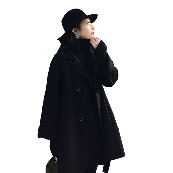

women long coats autumn winter solid casual long sleeve cloak button double breasted female black coat with belt elegant clothes