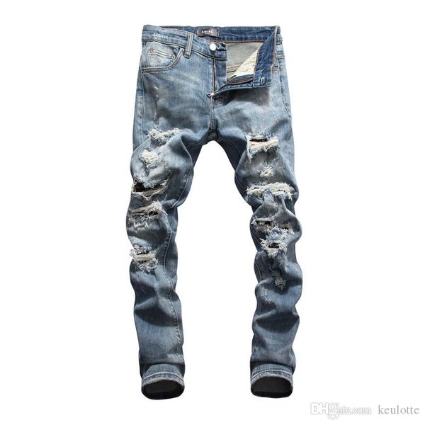 

mens clothing jeans clothing designer pants panther mens slim denim straight biker hole hip hop mens slim fit jeans ripped jeans, Blue