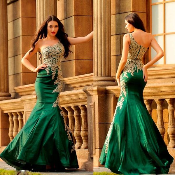 

2020 dubai dark green mermaid evening dresses one shoulder backless sweep train gold appliques formal prom party gowns vestidos de fiesta, Black;red