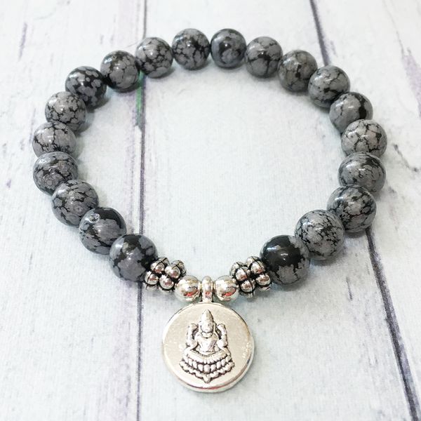 MG0514 8 mm Handmade Men`s Yoga Floco de neve Obsidiana Pulseira Buddha Charme Pulso Mala Pulseira frisada Cura Presente de cristal para ele