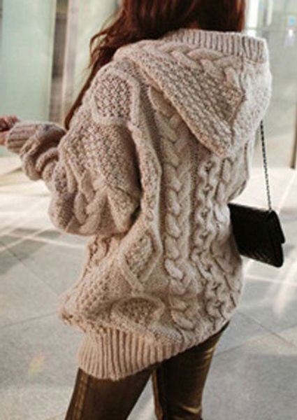 

women fashion cable-knit hooded cardigan warm autumn winter lady casual long sleeve sweater female jumper femme, White