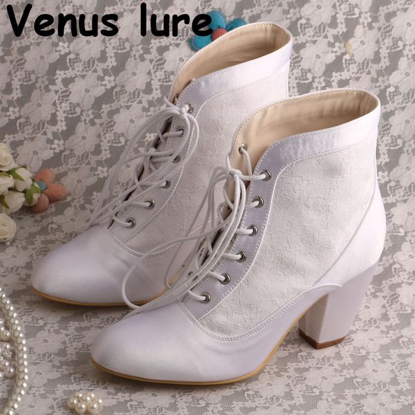 

custom white wedding shoes boots block heel bridal boot half women bride shoes lace-up, Black