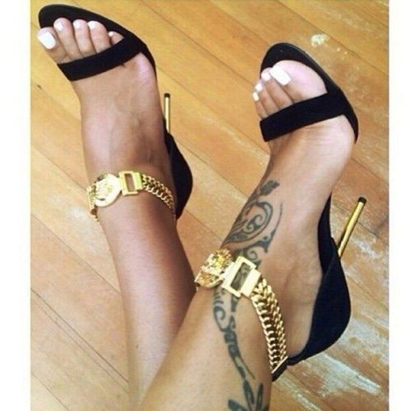 

woman new style customzed suede lady gold metal heel sandals woman metal decoration chian sandals, Black