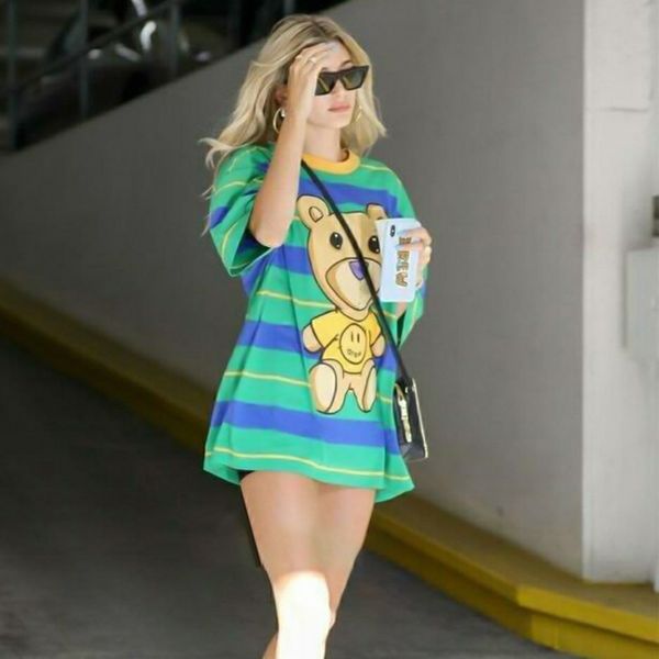 

drew house justin beber wu yifan guan xiaotong lu han celebrity inspired striped bear smiley face short sleeve t-shirt, Red