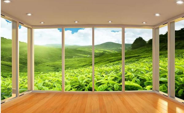 Papel pintado moderno de pared de fondo de TV 3D con paisaje de hierba de bosque de balcón europeo para sala de estar