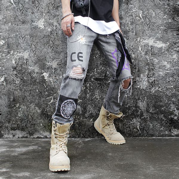 

2019 лето хай-стрит популярный логотип печати разорвал тонкие серые джинсы мужской граффити тенденция стилист нищий брюки средней талии серы, Blue