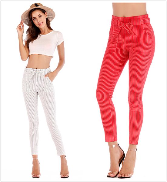 

Fashion Slim Stripe Cropped Pants Wlywend Ninth Pants Red White Blue Color Spring Summer Bowknot Belt Faddish Hot Sale