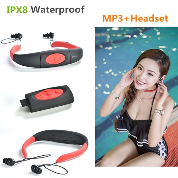 

ipx8 waterproof 8gb underwater sports mp3 music player neckband stereo audio headphone with fm for diving swimming pool