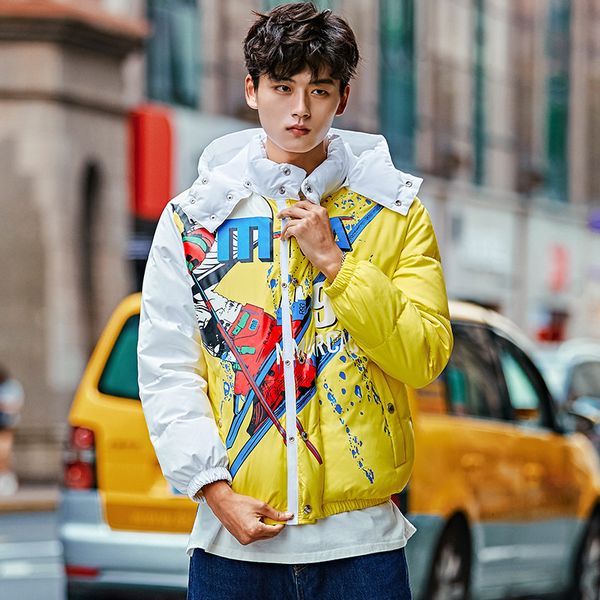 

2019 short fund down jackets male winter clothes tide brand bai yarong cotton-padded jacket young students spelling color loose coat male, Black
