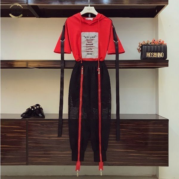 

new 2019 fashion summer women's ribbon hooded t-shirt + double zipper lantern pants two-piece student girls casual pants suit, White