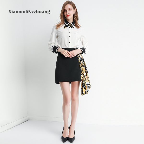 

xiaomoli fashion simple shirt splicing pleated skirt temperament half skirt two piece skirt new in autumn and winter 2019, White