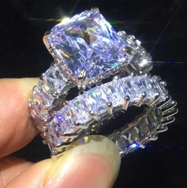 

vecalon lovers ring sets 925 sterling silver princess cut diamond engagement wedding band rings for women finger jewelry, Slivery;golden