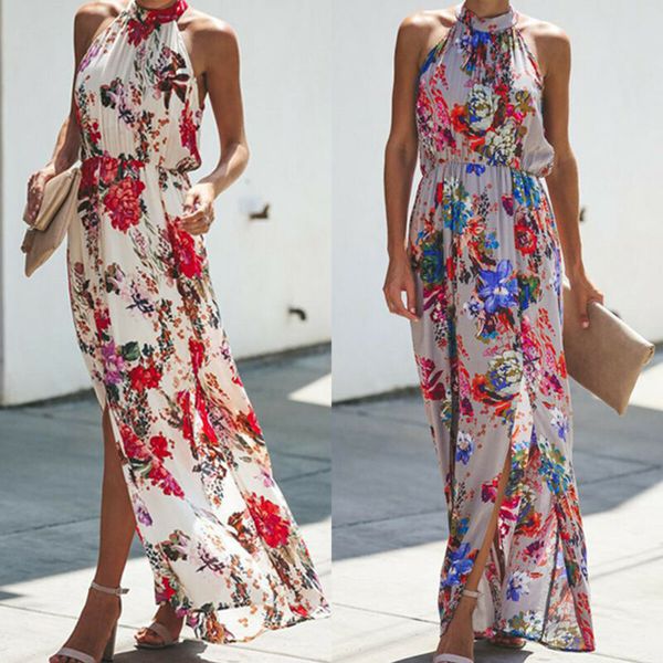 

women halter neck floral print long dresses sleeveless slit casual maxi dress, Black;gray