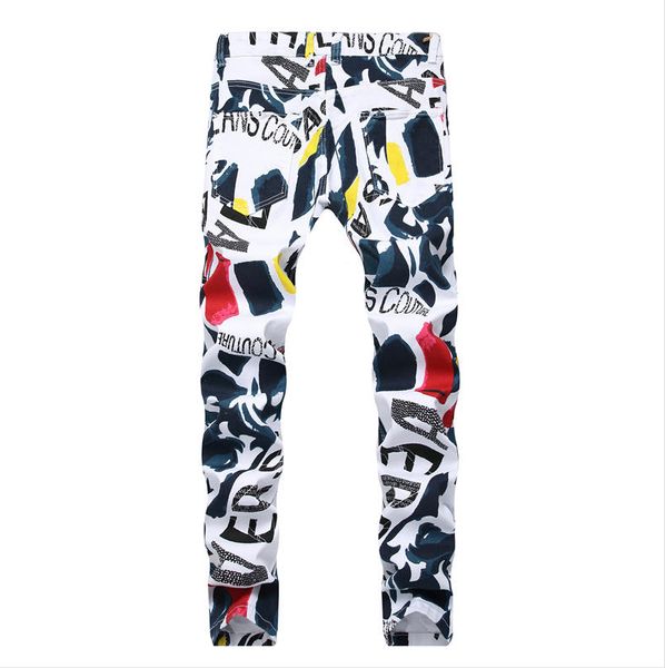 

2020 men designer jeans fashion hip hop washed pattern print bleached long distrressed zipper fly straight cotton blend asian size 11, Blue