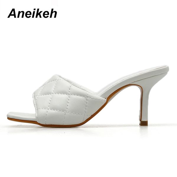 

aneikeh fashion pu pattern pu square head peep toe 8cm high heel slippers summer fashion slip on thin heels slides women mules r05, Black