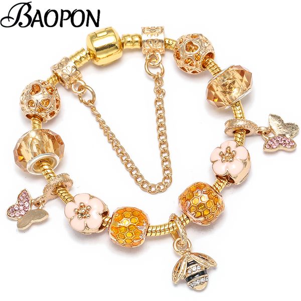 

baopon 2020 new style gold color butterfly & bee pendant charm bracelets for women fits beads bracelets bangles jewelry gift, Golden;silver