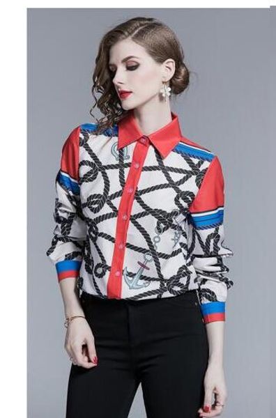 

women's new fashion print slim long sleeve joker lapel shirt blouse, White