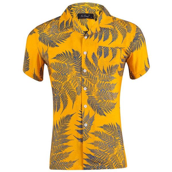 

summer hawaii lapel neck mens shirts leaf printed short sleeve loose mens holidays, White;black
