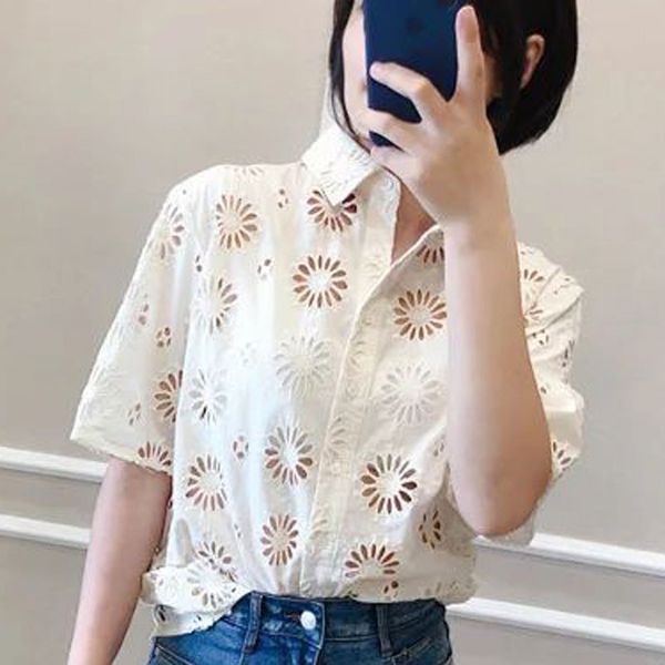 

women shirts 2019 summer new style hollow daisy embroidered shirt, White