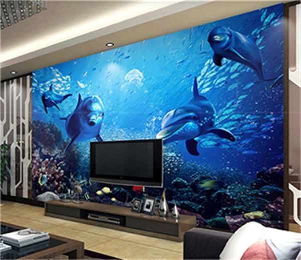 Foto wallpaper 3d lindo golfinho subaquático mundo 3d seascape sala de estar quarto fundo parede decoração papel de parede