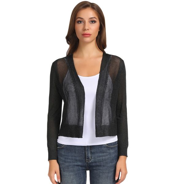 

formal cardigan cropped open front hollowed-out knitted casual solid outwear ladies long sleeve, Black;brown