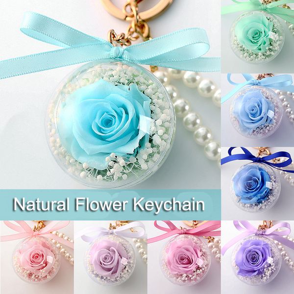 

creative natural preserve flower keychain rose acrylic round ball pedant hanging pearl keychain valentine's day wedding gift, Silver