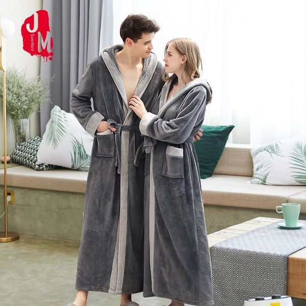 

winter long robes warm men bathrobe ankle-length coral fleece kimono robe lovers couple nightgown flannel bath gown sleepwear, Black;brown