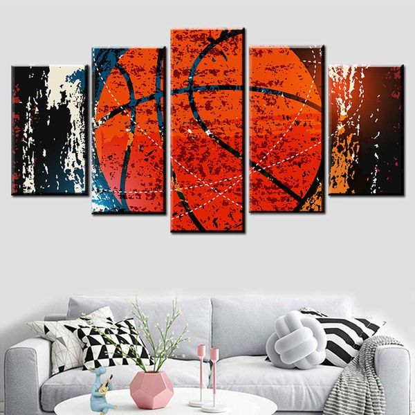 

hd print 5 panel canvas art abstract red basketball painting sports home decor living room bedroom modular poster