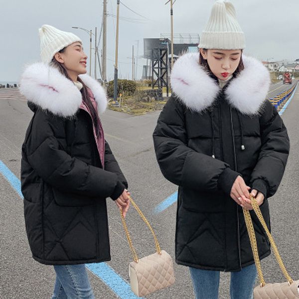 

selling fur collar down jacket parka 2019 new long cotton ladies korean version hooded large pocket coat warm streetwear, Black