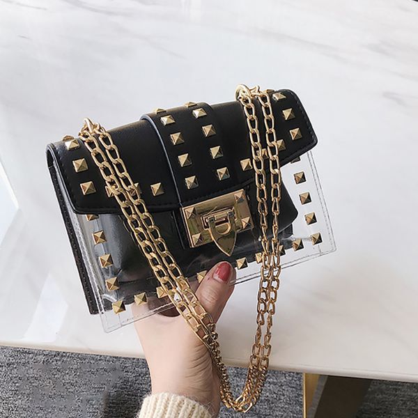 

summer clear designer woman 2020 new fashion messenger bag chains shoulder bag female rivets transparent square pu handbag