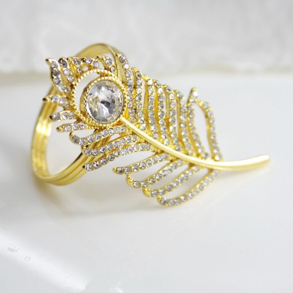 

qn19012203 gold silver feather with crystals napkin ring wedding holiday decoration , napkin holder 12pcs