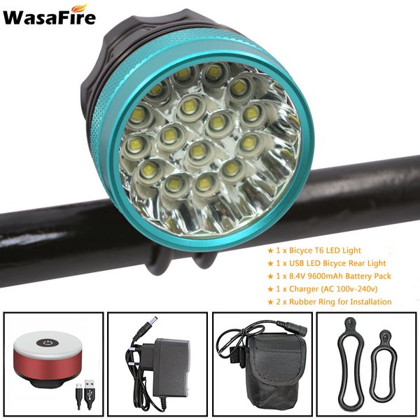 

wasafire 16*t6 led bicycle light headlight night riding cycling front lamp with usb bike rear back lights