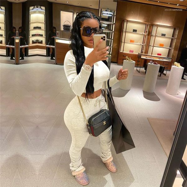 

sleeve 2pcs women sets casual skinny ladies sports suits reset 2020 womens stacked tracksuits solid color high neck long, Gray