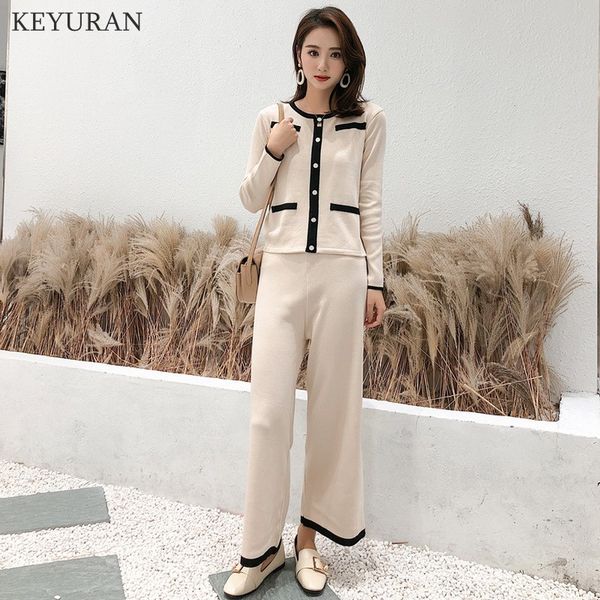 

2020 autumn new elegant women single breasted knitted cardigan + wide leg pants 2 piece set casual clothing knitting suit, Gray
