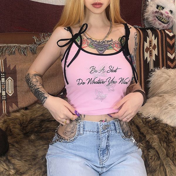 

butterfly 2020 women's letter embroidery drill sling navel vest, White