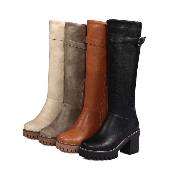 

asumer big size 34-43 autumn winter round toe zip platform heels shoes buckle knee high boots women 2019 new mx200324, Black