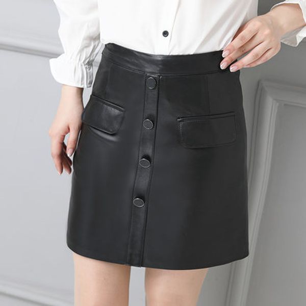 

2019 women slim genuine sheep leather skirt p21, Black