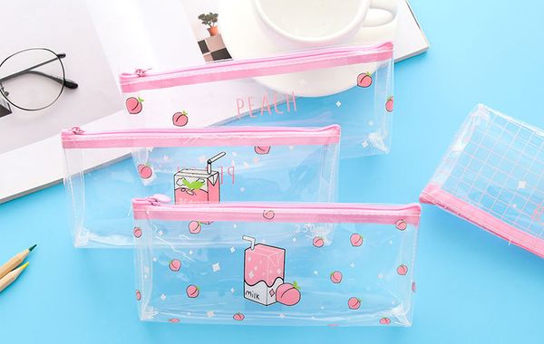 

lovely peach translucent pvc pencil case waterproof stationery storage organizer bag school office supply escolar