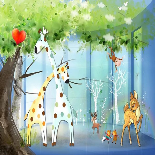 

custom large mural 3d wallpaper cartoon animal cute giraffe fawn tree baby bedroom mural tv back wall decor deep 5d embossed