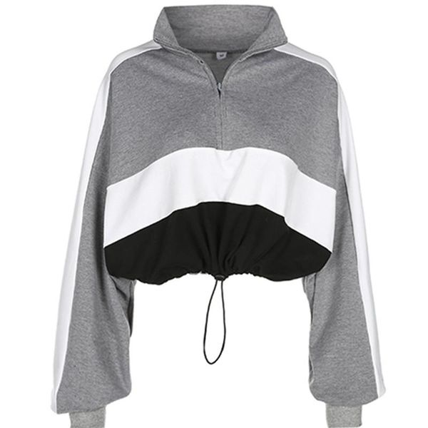 

realpopu long -sleeved pullovers hoodies deep v neck drawstring loose cropped patchwork sweatshirt women kawaii oversize elastic, Black